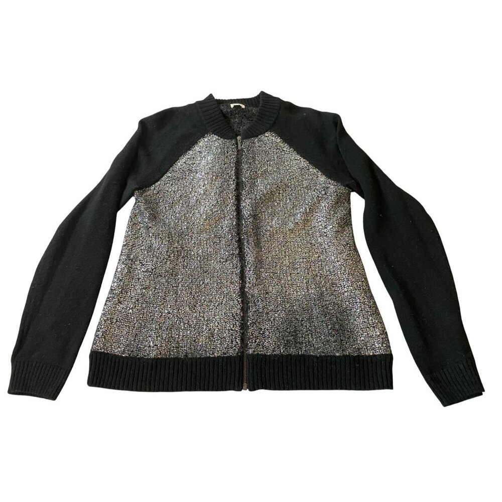 Chicos Black & Silver Metallic Knit Zip-Up Cardigan Sweater Womens Size 2 Large